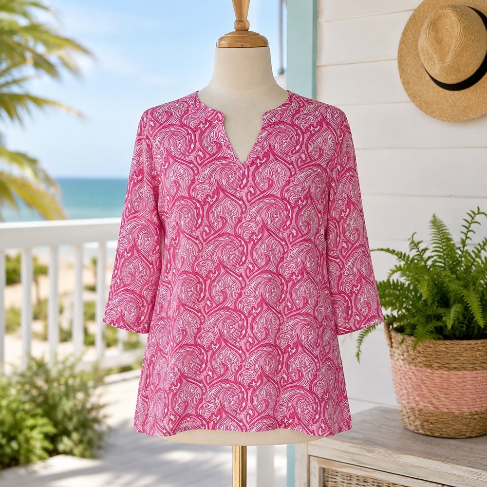 John Robshaw Tunic Womens Small Pink Boho Paisley Cotton 3/4 Sleeve Split Neck